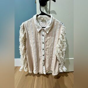 Cream Button-Up Shirt with Textured Sleeves